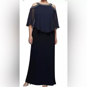 Alex Evenings Black Cold Shoulder Popover Jersey Chiffon Gown Beaded Neckline 10